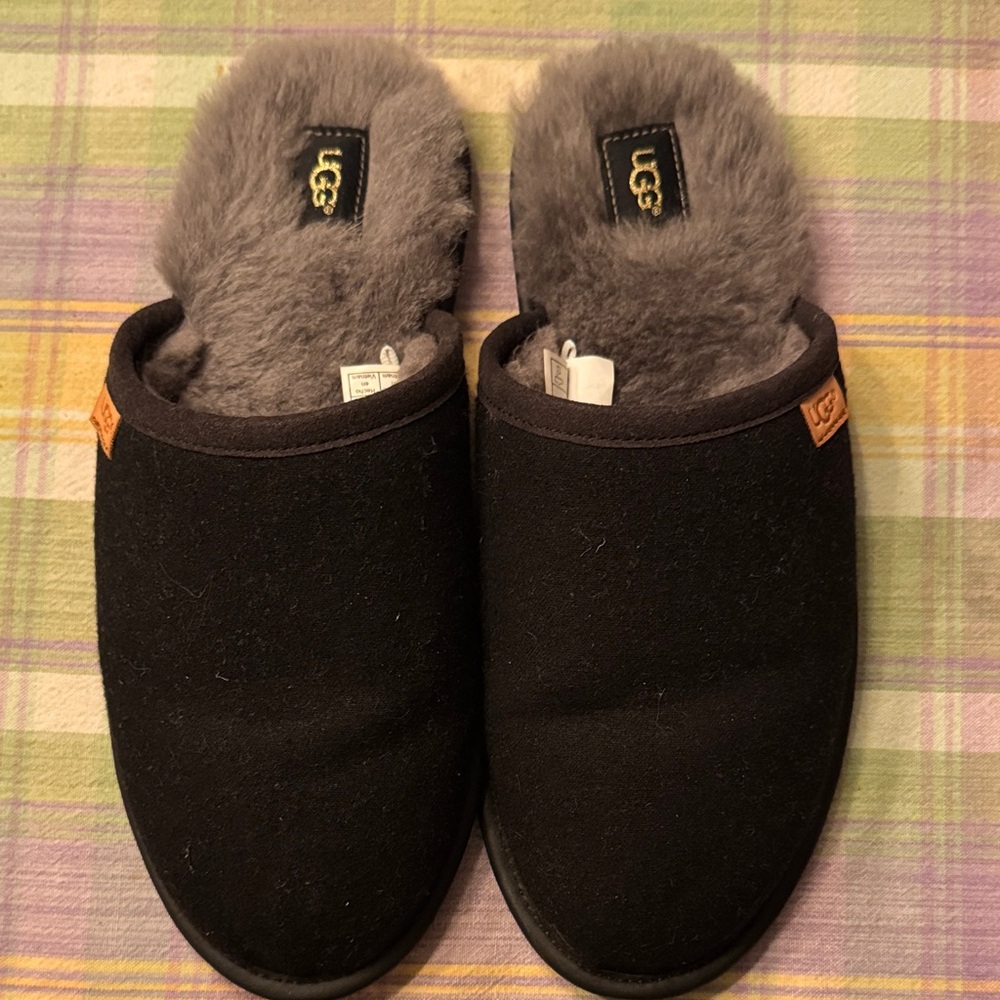 UGG Black Suede Slip-On Slippers with Gray Shearling